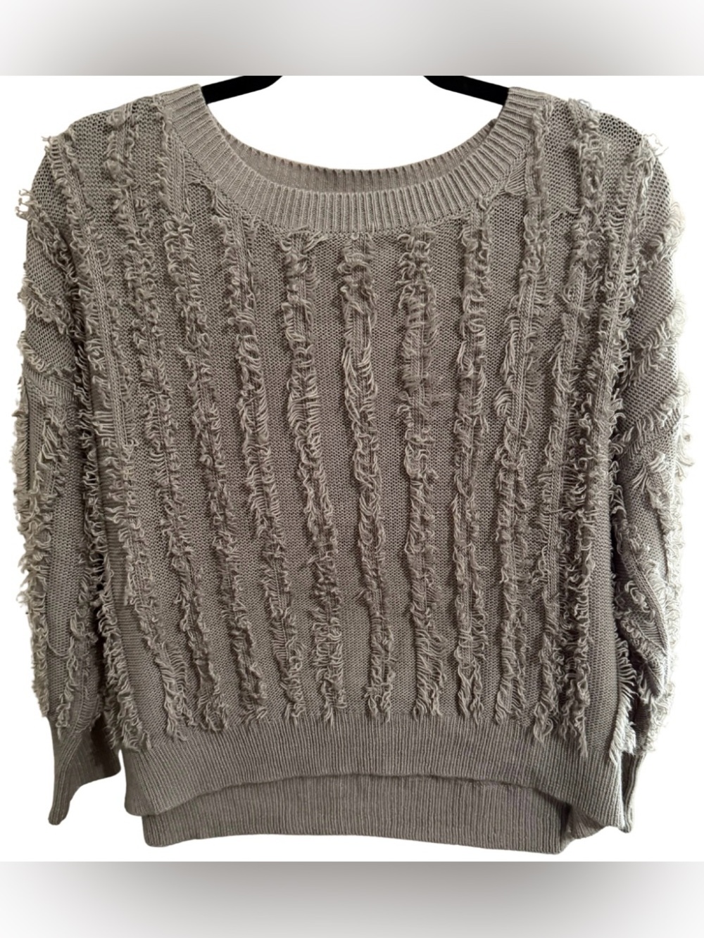 She + Sky Distressed Fringe Knit Sweater Women’s S Taupe Boho Textured Pullover